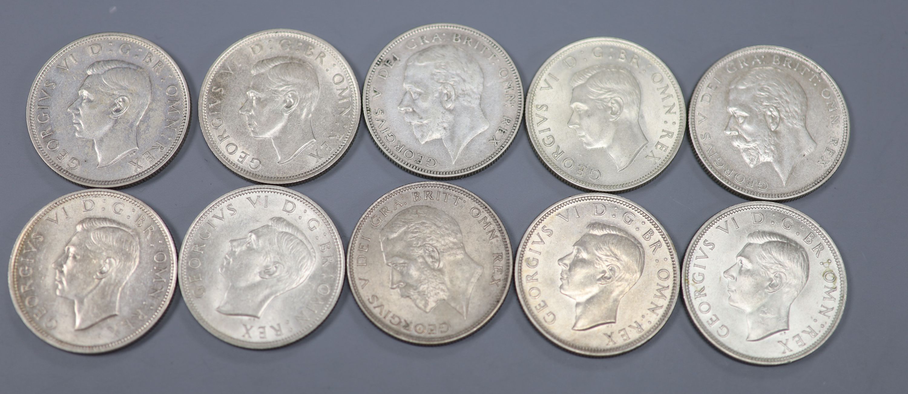 Ten George V and VI halfcrowns, 1928 GVF, 1935 GVF, 1936 VF,1937, GVF, 1938, AEF, 1939, GVF, 1940, AEF, 1942 GVF, 1944 GVF, 1945 AEF,